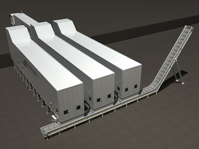 Silos/ Bunkers with moving floors connected to Redlers/Conveyors
